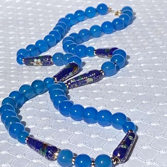 14k Gold Blue Cloisonné & Jadeite Jade Bead Necklace 24" - Picture 13 of 15